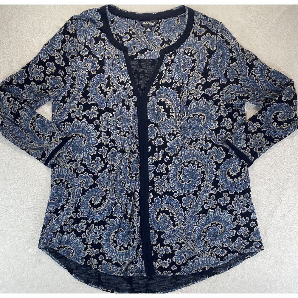 Lucky Brand Top‎ V Neck L Blue Black Paisley V Neck Rayon Whimsygoth Dark Fairy